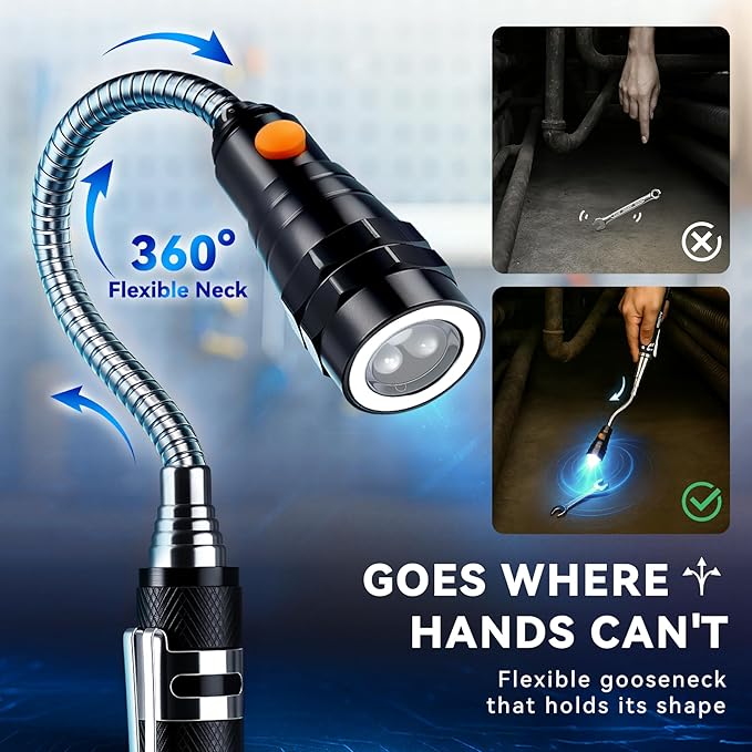 VIBELITE Extendable Magnetic Flashlight with Telescoping Magnet Pickup Tool-Cool Gadget Gifts for Men, Women, Him, Teen Boys, Husband, Dad, Father, Mechanic, Birthday Gifts for Men, Black
