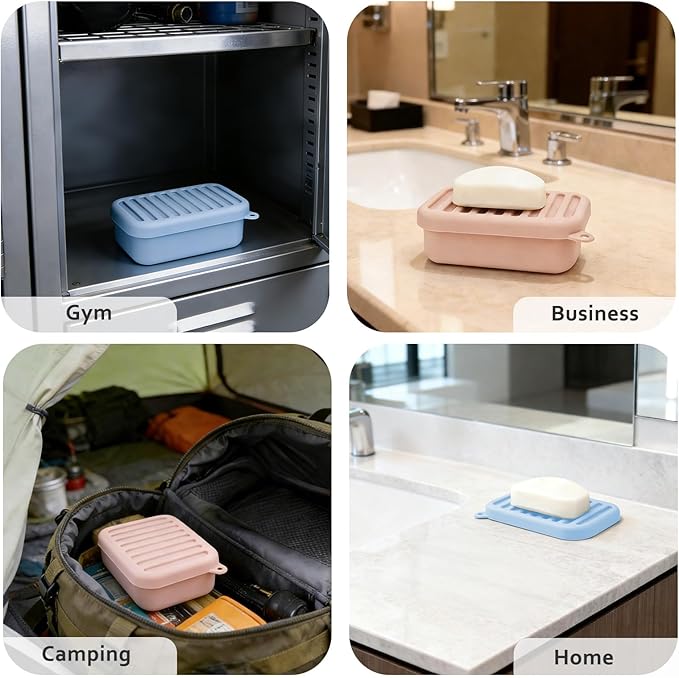 2PCs Silicone Travel Soap Case, Leak-Proof Bar Soap Container with Drain Tray, Portable Travel Soap Dish with Lid for Hiking, Gym, Camping, PortableToiletries Accessories (PinkBlue)