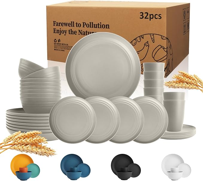 Wrova 32-piece Kitchen Alternative Melamine Wheat Straw Dinnerware Sets,Unbreakbale Dishwasher Safe Kitchen Bowls and Plates Sets with Cups,Apartment Essential Dishes Set for 8.Grey Series