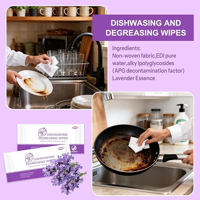 Dish Wipes for Camping Individually Wrapped Dish Cleaning Wipes Travel Lavender Scent 7.7”x 7.3” Disposable for Kitchen Outdoor Traveling RV Quick Clean (Pack of 50)