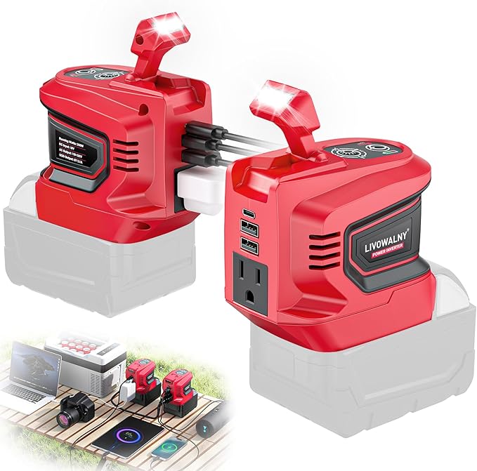 LIVOWALNY 200-250W Power Inverter Compatible with Milwaukee 18V Battery - DC 18V to AC 110-120V Power Station with 1 AC Outlet - 2 USB 1 Type-C & LED Light for Camping Power Outage - Tool Only - 2Pack
