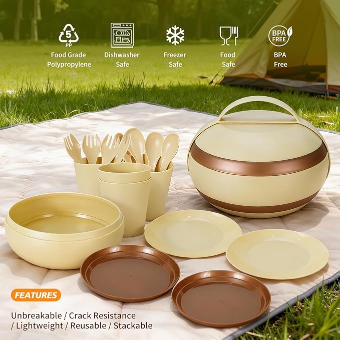 Camping Dishes Picnic Set, Camping Plates Cups and Bowls Set with Spoons and Forks, BPA Free, 17PCS Camping Mess Kit, Plastic Reusable Cutlery Set for 4, Portable Small Size, Not Microwave Safe