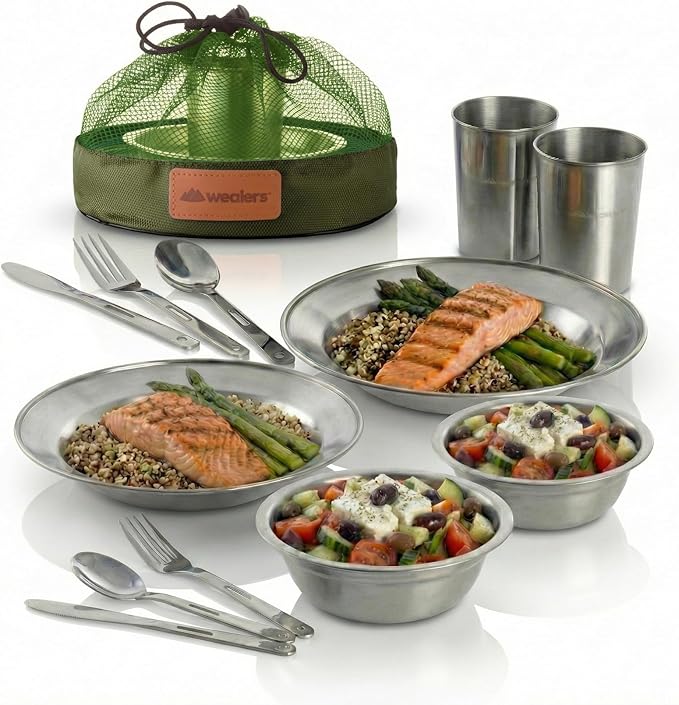 Unique Complete Messware Kit Polished Stainless Steel Dishes Set| Tableware| Dinnerware| Camping| Includes - Cups | Plates| Bowls| Cutlery| Comes in Mesh Bags