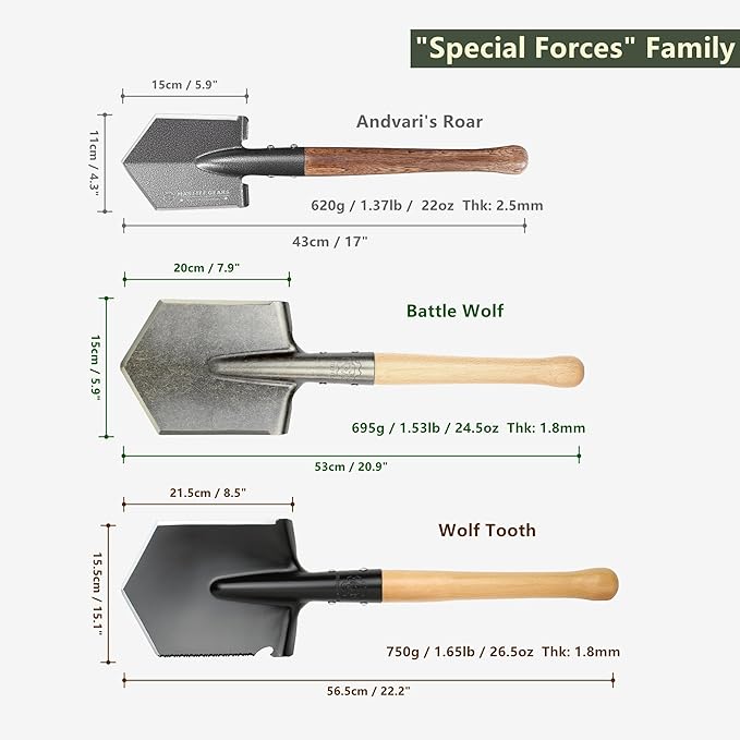 MASTIFF GEARS Tactical Survival Shovel - 43cm/17in, Axe/Machete Replacement, HRC 42-48 1050 Steel Spade, Hand-Carbonized Hardwood Handle & MOLLE Sheath for Camping Hiking Off-Roading Emergency