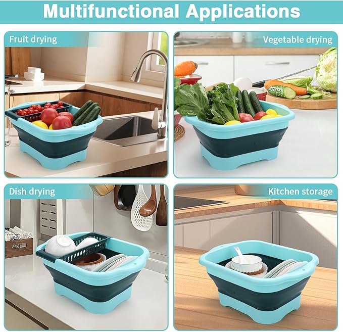 Collapsible Dish Basin with Drain Plug and Portable Sink, 11L(2.91 Gallon) collapsible Bucket with Sink, FoldableWash Basin for Station Campin/Camping/Rv/Kitchen (Green)