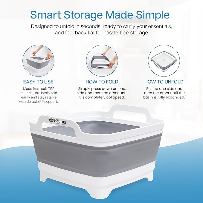 EZuraa 2.4 gal(9L) Gray Collapsible Dish Basin, Portable Sink or Dish Pan for Kitchen Sink with Drain Plug/Strainer, Space Saving Baby Bottle Wash Basin Collapsible Bucket, Beverage Tub for Camping