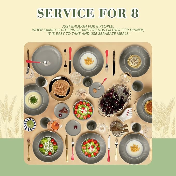 Wrova 32-piece Kitchen Alternative Melamine Wheat Straw Dinnerware Sets,Unbreakbale Dishwasher Safe Kitchen Bowls and Plates Sets with Cups,Apartment Essential Dishes Set for 8.Grey Series