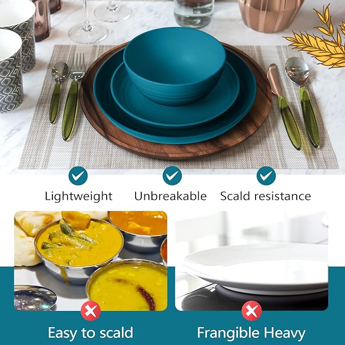 Teivio 32-Piece Kitchen Plastic Wheat Straw Dinnerware Set, Service for 8, Dinner Plates, Dessert Plate, Cereal Bowls, Cups, Unbreakable Colorful Plastic Outdoor Camping Dishes, Dark Blue