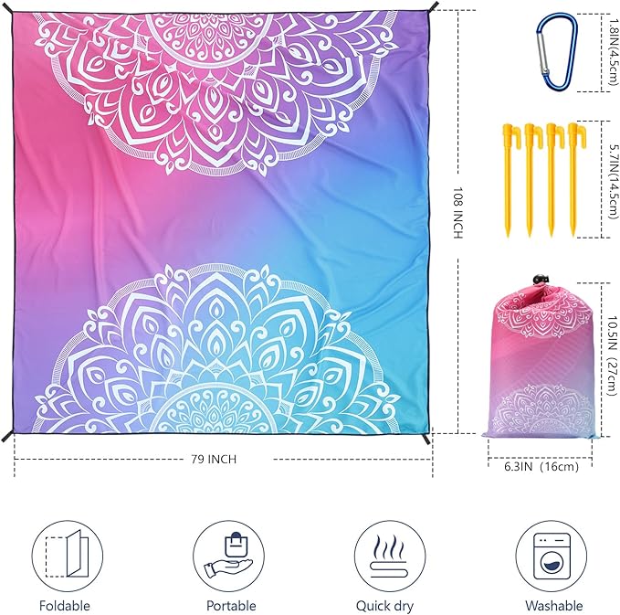 WIWIGO Beach Blanket Waterproof Sandproof Beach Mat 79" X 83"/10'x9'for 2-8 Adults Quick Drying Outdoor Picnic Mat Beach Accessories for Travel, Camping, Hiking