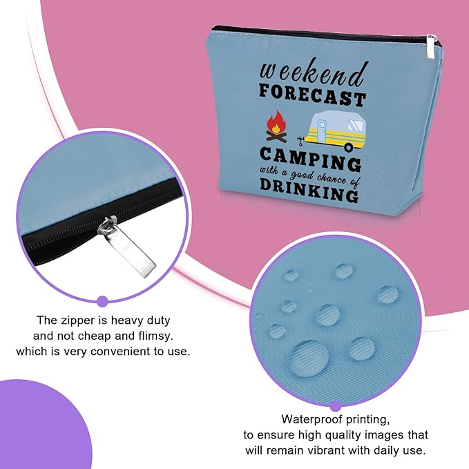 Funny Camping Gifts for Women Blue Makeup Bag Happy Camper Retirement Gifts Camping Themed Gifts for Adults Cosmetic Bag Camper Accessories for Travel Trailers Birthday Christmas Graduation Gift