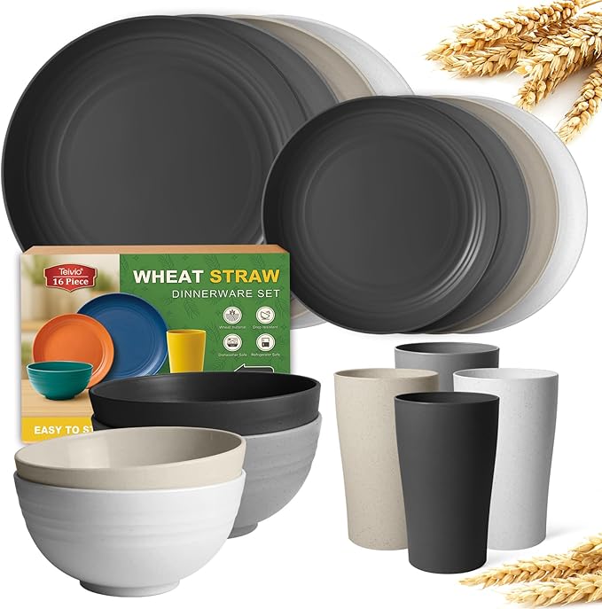 Teivio 16-Piece Kitchen Plastic Wheat Straw Dinnerware Set, Service for 4, Dinner Plates, Dessert Plate, Cereal Bowls, Cups, Unbreakable Plastic Outdoor Camping Dishes, Stone