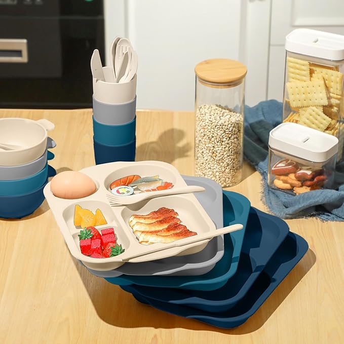 24 Pcs Wheat Straw Dinnerware Cutlery Set for Adult Including Divided Plates Microwave Dishwasher Safe Bowl Unbreakable Tableware Straw Cutlery Spoon Knife Fork(Dark Color)