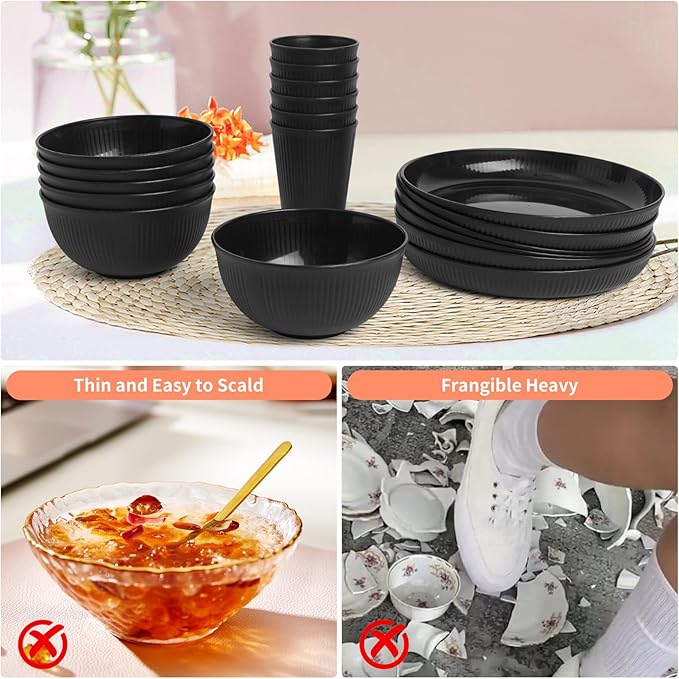DAPIPIK 36 Pcs Lightweight Black Wheat Straw Dinnerware Set - Unbreakable Dishes for Kitchen & Camping | Microwave Dishwasher Safe