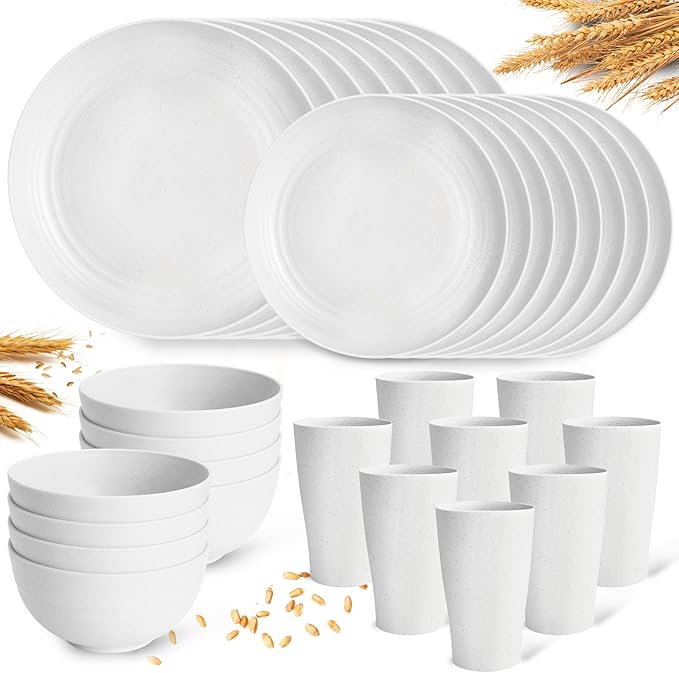 White Plate Set Dishes Set for 8 includes Dinner Plates,Pasta Bowls,Soup Bowls and Drinking Cups,Unbreakable White Dining Dishware Sets Microwave Dishwasher Safe For Kitchen Dorm Office Outdoor,32PCS