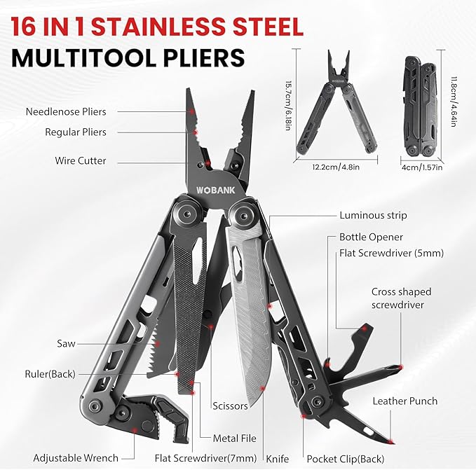 Multitool, 16-in-1 Stainless Steel Multi Tool Pliers with Adjustable Hex Wrench, Damascus Pocket Knife, Nylon Sheath for Survival, Camping and Hunting, Hiking, Simple Repair