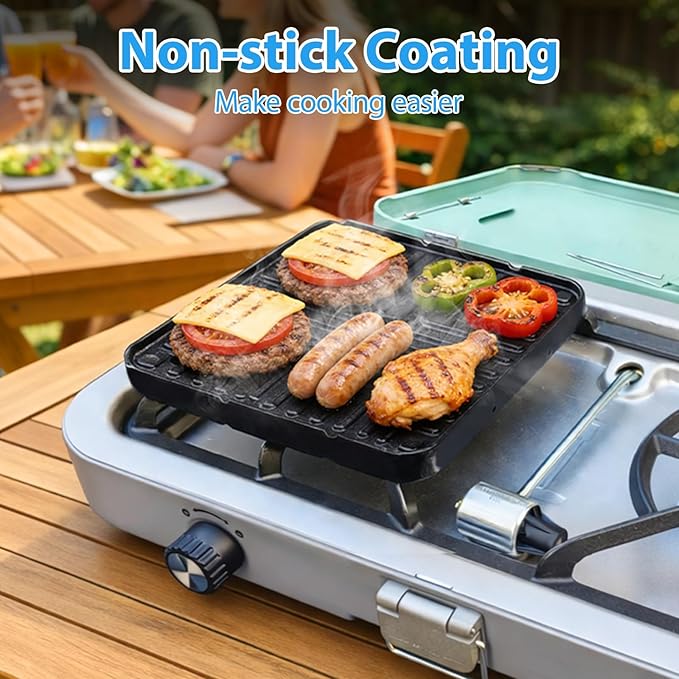 Ceramic Nonstick Reversible Griddle for Coleman Cascade & Triton, 8.5" x 8.5" Square Flat & Ribbed Camping Griddle (1 Pack) | Built-In Storage Fit, No-Wobble Stable Design, For 2-Burner Camp Stoves