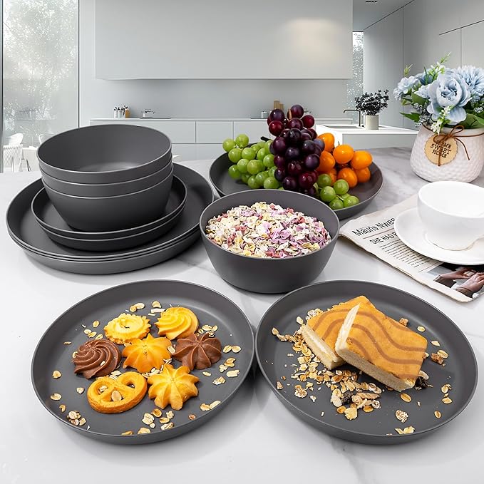 EI 12pcs Wheat Straw Dinnerware Set of 4,Kitchen Plates and Bowls,Reuasble Plates,Unbreakable Dinner Plate,Hard Premium Plastic Plate for Camping,Picninc,Halloween