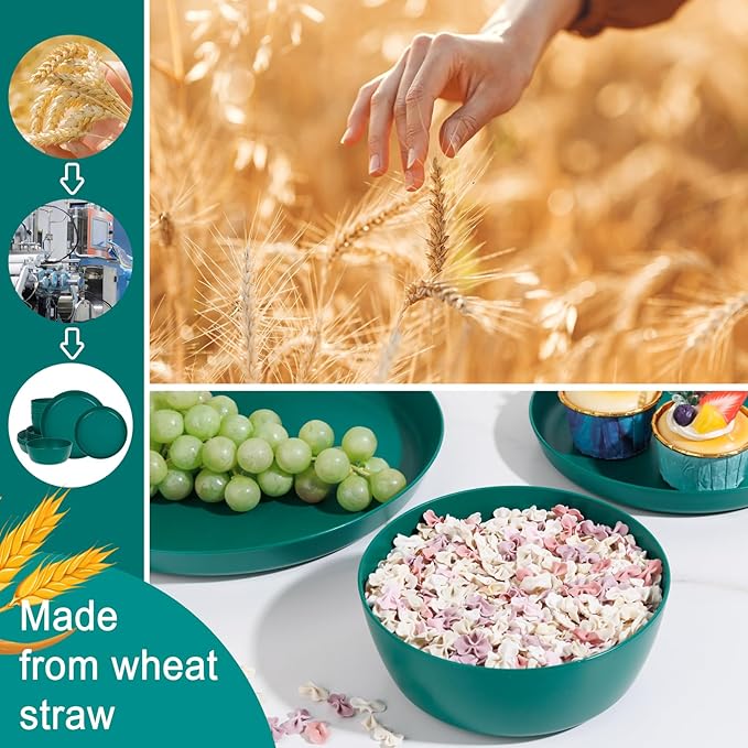 EI 12pcs Dark Green Wheat Straw Plates,Plate and Bowls Sets,Wheat Straw Dinnerware Set,Unbreakabl Plastic Plates Reusable,eMelamine Dinnerware Sets