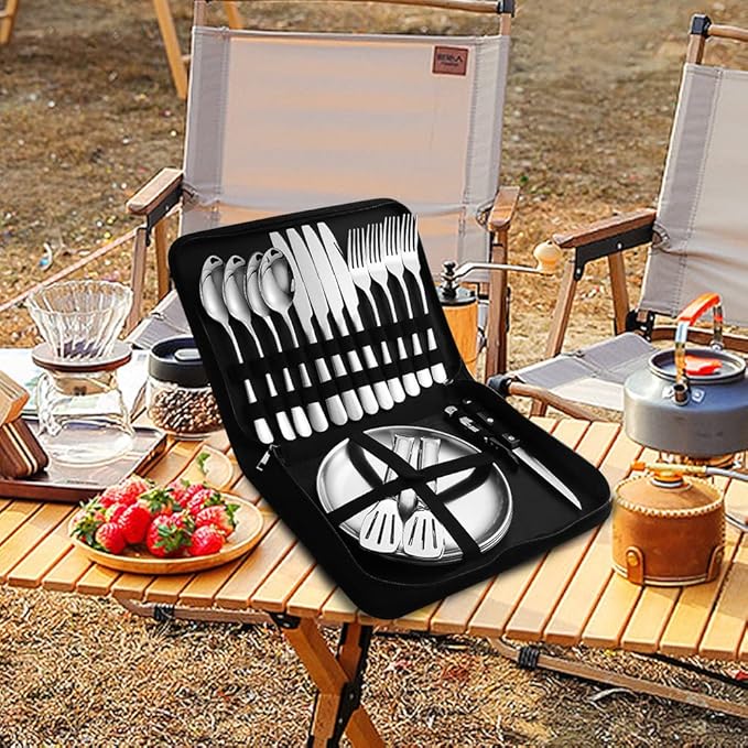 Camping Silverware Silver Picnic Plates and Utensils Set for 4 Portable Tableware Stainless Steel Dinnerware 20 Pieces With Organizer Bag Reusable Durable