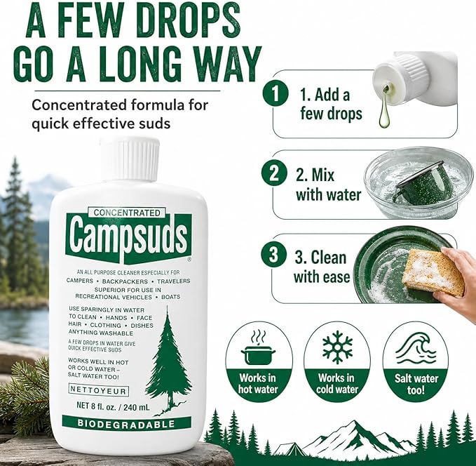 Sierra Dawn Classic Campsuds Biodegradable Camping Soap - The Original Camp Dish Soap, Shampoo, Body Wash - Wash for Wilderness Backpacking, Camping & Travel, 8 Fl Oz
