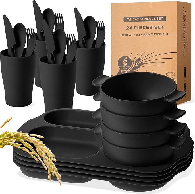 24 Pcs Wheat Straw Dinnerware Cutlery Set for Aldult Including Divided Plates Microwave Dishwasher Safe Bowl Unbreakable Tableware Straw Cutlery Spoon Knife Fork(Black)