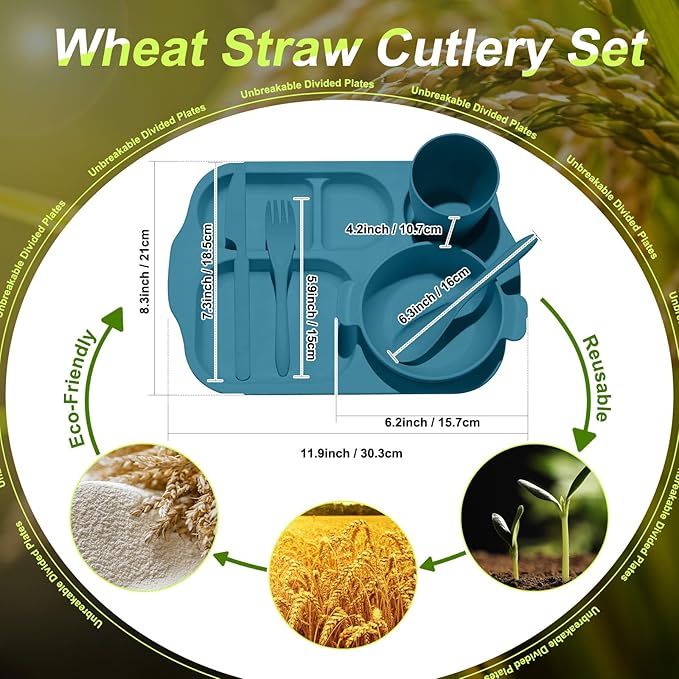 24 Pcs Wheat Straw Dinnerware Cutlery Set for Aldult Including Divided Plates Microwave Dishwasher Safe Bowl Unbreakable Tableware Straw Cutlery Spoon Knife Fork(Bright Color)