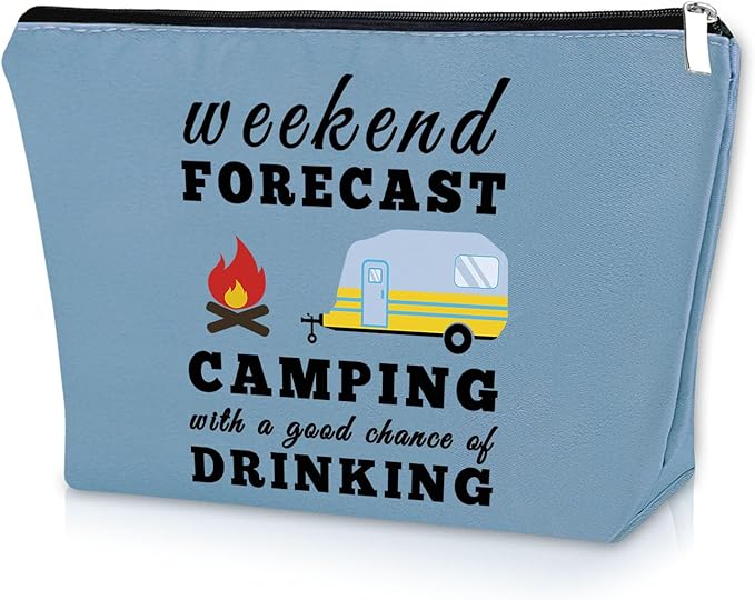 Funny Camping Gifts for Women Blue Makeup Bag Happy Camper Retirement Gifts Camping Themed Gifts for Adults Cosmetic Bag Camper Accessories for Travel Trailers Birthday Christmas Graduation Gift