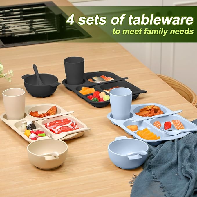 24 Pcs Wheat Straw Dinnerware Cutlery Set for Aldult Including Divided Plates Microwave Dishwasher Safe Bowl Unbreakable Tableware Straw Cutlery Spoon Knife Fork(Vivid Color)
