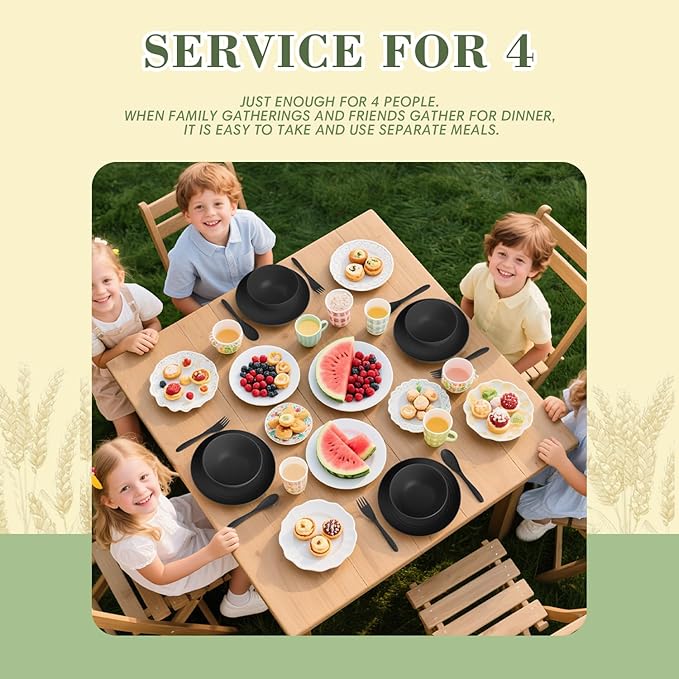 Wrova Wheat Straw Dinnerware Sets of 20,Alternative to Melamine dinnerware sets with Flatwares Dishwasher Safe,Lightweight and Unbreakable Camping Dishes for R.V.(Black)