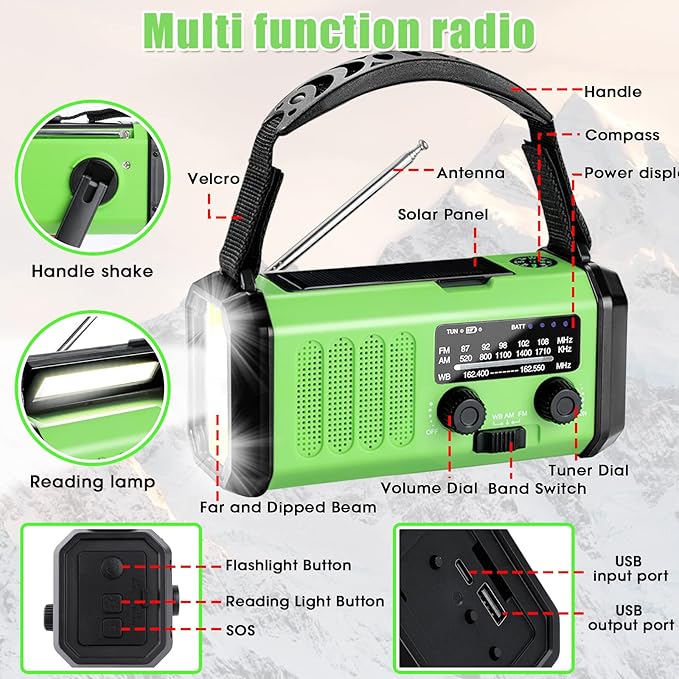 Leaton Emergency Radio with Solar/Hand Crank/USB Charging, 10000mAh Rechargeable Battery,NOAA/AM/FM Weather Radio with Multi-Function Flashlight and Cell Phone Charger for Indoor/Outdoor Emergencies