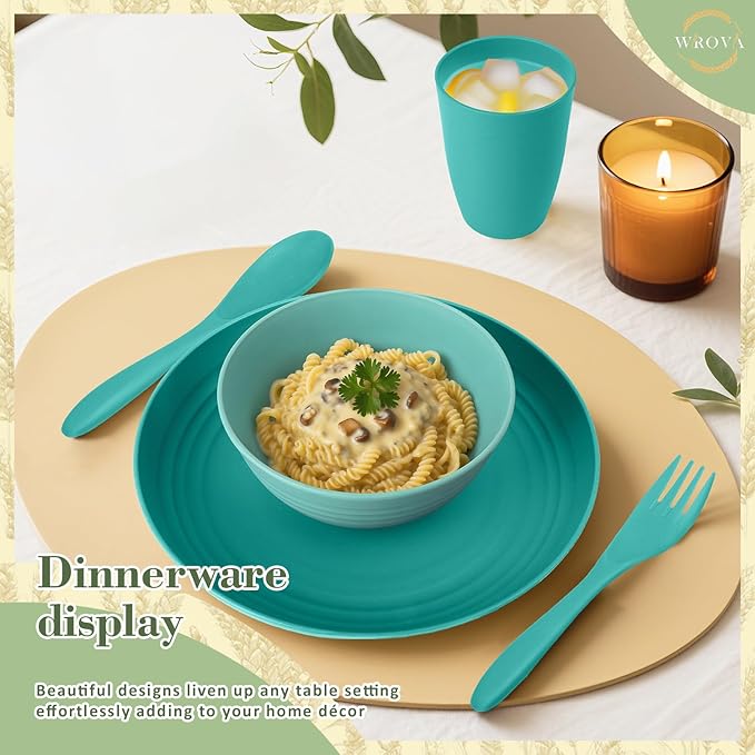 Wrova Wheat Straw Dinnerware Sets of 20,Dishwasher Safe Kitchen Plates and Bowls Sets,Camping Dishes Sets Contains Dinner Plates,Cereal Bowls,Drinking Cups and Flatware.(Green)