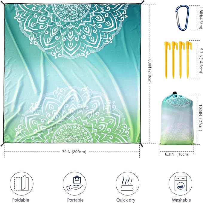 WIWIGO Beach Blanket Waterproof Sandproof Beach Mat 79" X 83"/10'x9'for 2-8 Adults Quick Drying Outdoor Picnic Mat Beach Accessories for Travel, Camping, Hiking