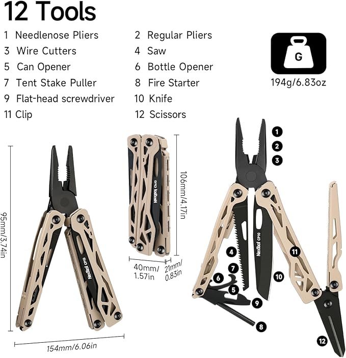NexTool Camper CP10 Multitool，12-in-1 Multi tool with Scissors, Fire Starter, Tent Stake Puller, Locking Knife & Saw – EDC Gear for Outdoor, Hiking, Backpacking，Gifts for Men