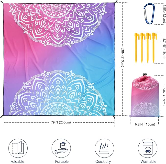 WIWIGO Beach Blanket Waterproof Sandproof Beach Mat 79" X 83"/10'x9'for 2-8 Adults Quick Drying Outdoor Picnic Mat Beach Accessories for Travel, Camping, Hiking