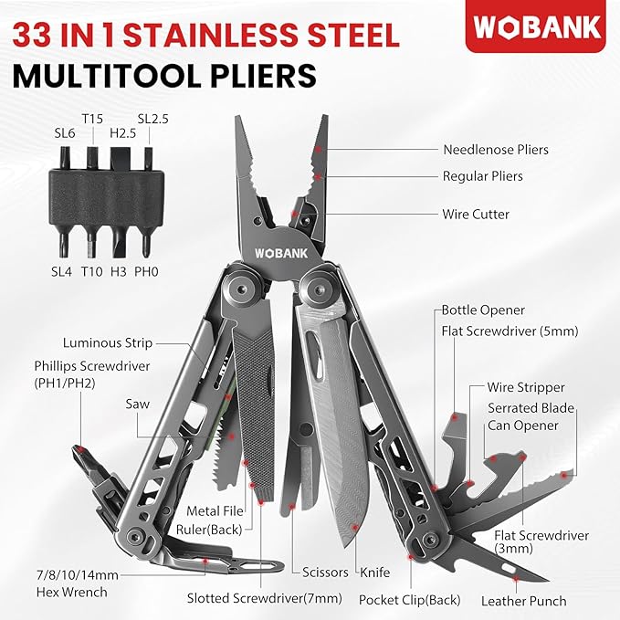 Multitool, 33-in-1 Stainless Steel Multi Tool Pliers with Screwdriver Sleeve, Damascus Pocket Knife, Nylon Sheath for Outdoor, Survival, Camping, Hiking, Simple Repair