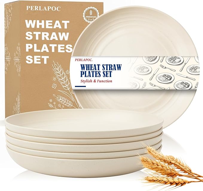 Wheat Straw Dinner Plates 6-Piece Set, 10 Inch Unbreakable Deep Plates, BPA-Free Reusable Plastic Plates, Microwave and Dishwasher Safe for Family, Kitchen, Beige