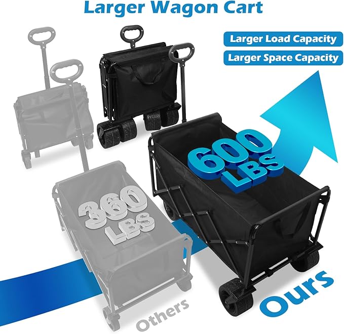 600LBS Beach Wagons Carts Foldable for Sand, Heavy Duty Collapsible Wagon with Brakes & All-Terrain Big Wheels, Large Foldable Folding Wagons for Beach Camp Sports Grocery, Portable
