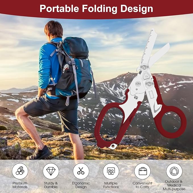 6 in 1 Multifunctional Combination Tool, Folding Retractable Emergency Shears, Outdoor Camping Tools, Seat Belt Cutter, Oxygen Cylinder Wrench, Complimentary Adjustable Wrench (red)