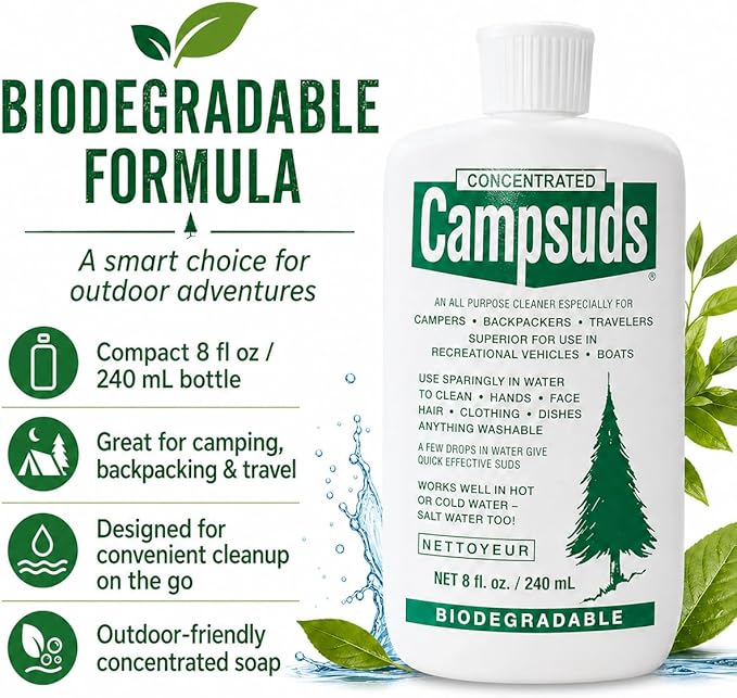 Sierra Dawn Classic Campsuds Biodegradable Camping Soap - The Original Camp Dish Soap, Shampoo, Body Wash - Wash for Wilderness Backpacking, Camping & Travel, 8 Fl Oz