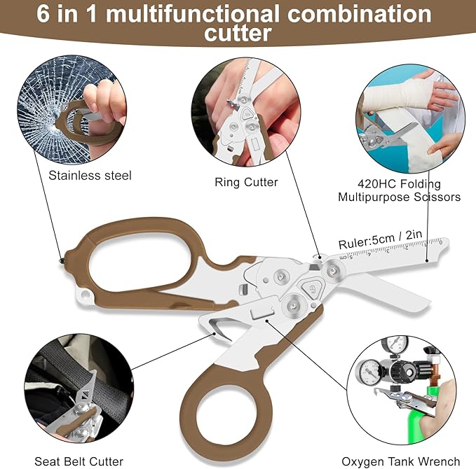 Lemasa6 in 1 Multifunctional Combination Tool, Folding Retractable Emergency Shears, Outdoor Camping Tools, Seat Belt Cutter, Oxygen Cylinder Wrench, Complimentary Adjustable Wrench (Bean Sand Colour)