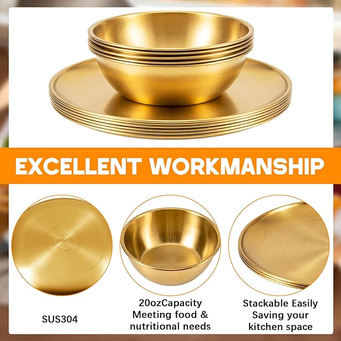 8 Pieces 304 Stainless Steel Plates and Bowls Sets - 9 Inch Metal Camping Plates Reusable 20oz Steel Snack Bowls Feeding Serving Dinner Dishes Double Insulated for Adult Girls Boys (Gold)
