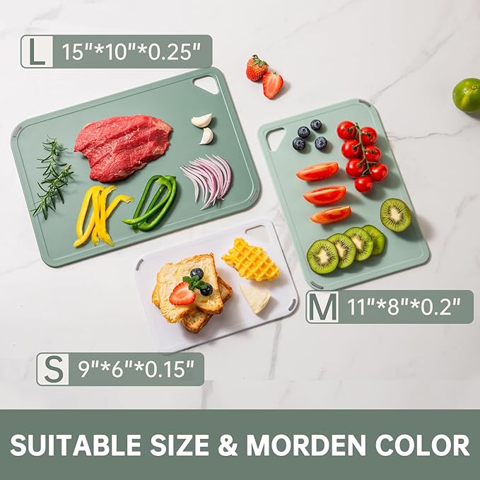 THETCHRY Plastic Cutting Board Set of 3-Cutting Boards for Kitchen BPA Free, Large-Small Chopping Boards Non-Slip for Cooking Camping Dishwasher Safe, Reversible, with Grip Handle, 15"×10"×0.25" Green