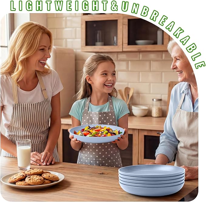 Deep Plates 10 Inch Set of 6, Unbreakable Lightweight Plastic Plates, Microwave Safe Dishwasher Safe Wheat Straw Plate Set for Family, Travel, Light Blue
