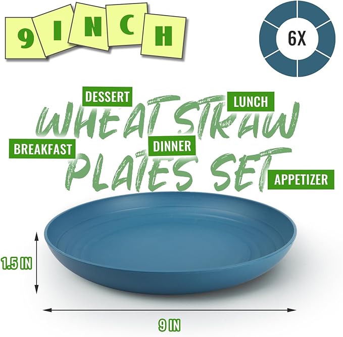 Wheat Straw Plates 6-Piece Set, Unbreakable 9 Inch Deep Dish Plates, Reusable Plastic Plate Set, Microwave & Dishwasher Safe, Camping Plate for Family, Camping, Dark Blue