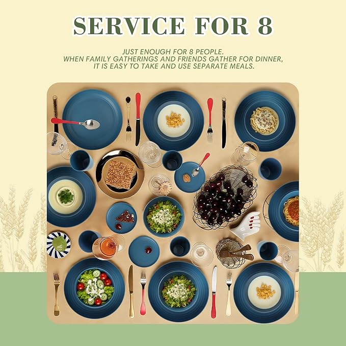 Wrova Wheat Straw Dinnerware Set of 32,Unbreakable Dinner Plates and Bowls Dishes Sets Service for 8,Dishwasher Safe Dinnerware Sets for Kitchen and Camping.Navy Blue