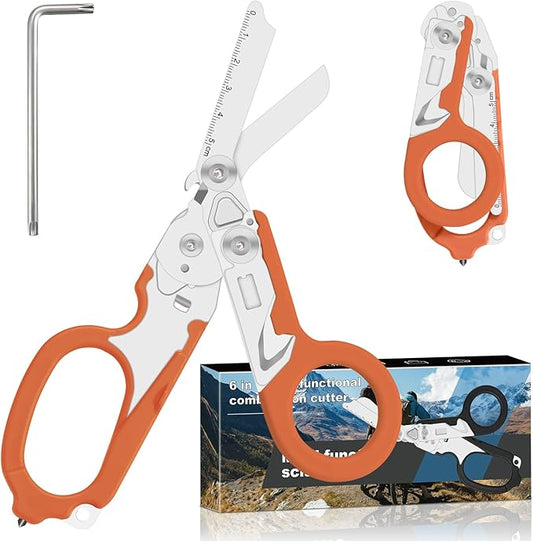 6-in-1 Heavy-Duty Emergency,trauma shears, Folding Retractable Emergency Shears, Outdoor Camping Tools, Seat Belt Cutter, Oxygen Cylinder Wrench, Complimentary Adjustable Wrench (orange)