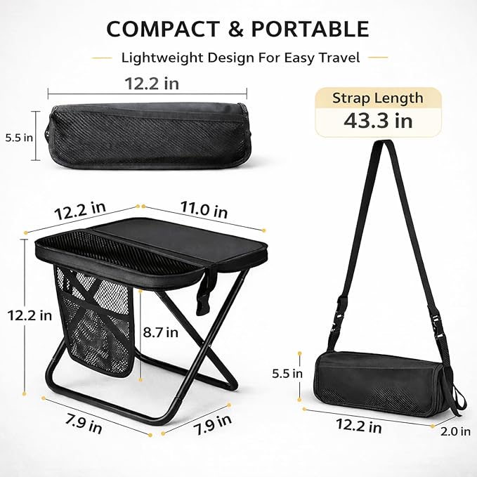Foldable Stool with Carrying Bag,Compact Folding Chair with Shoulder Strap, Lightweight Outdoor Seat for Fishing, Camping, Hiking, Garden, Beach, Sports Games, Festivals (Black)