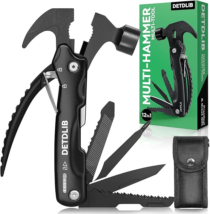 DETDLIB12-in-1 Multitool Hammer, Birthday Gifts for Men, Essential for Camping, Hiking, Cool Gadget, Gifts for Men. Women, Dad, Him, Husband, Father, Mechanic, Boyfriend, Black