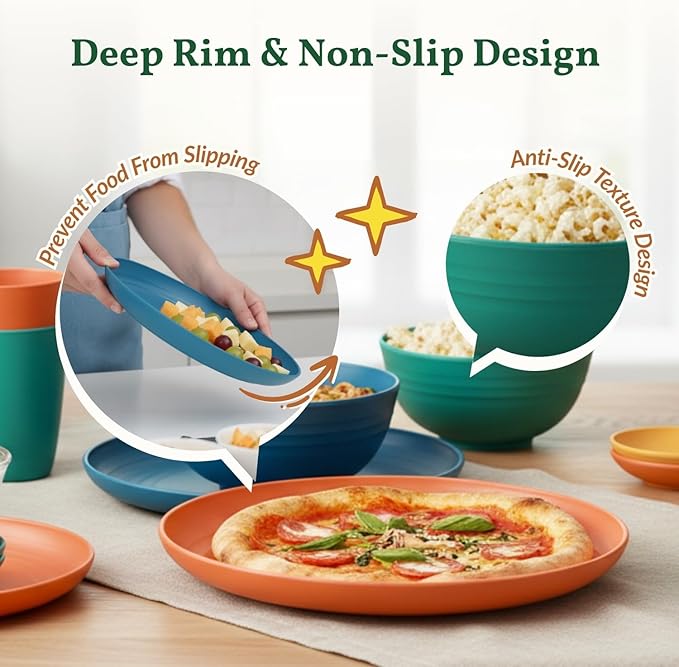 Homienly 40-Piece Unbreakable Wheat Straw Dinnerwave Sets Plates and Bowls Sets for Kitchen, RV, Dorm, Lightweight Camping Dishes Set, Service for 8, Microwave and Dishwasher Safe Dish Sets (Multi)