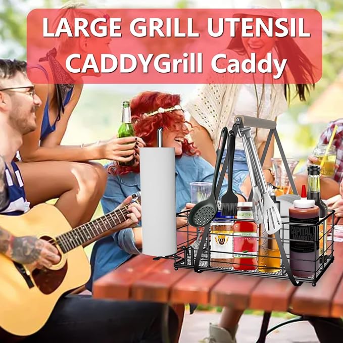 Picnic Caddy BBQ Utensil Caddy for Outdoor Grill Camping for Plate Cutlery CompartmentStorage with 3 Hooks Kitchenn Barbecue Accessories RV Patio Tailgate EssentialsEasy Carry Grilling Gifts for Men